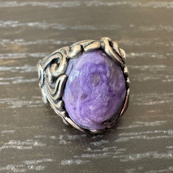 Carolyn Pollack Ring Size 8 Purple Charoite Sterling Silver 925 Filigree Vintage - Picture 1 of 13